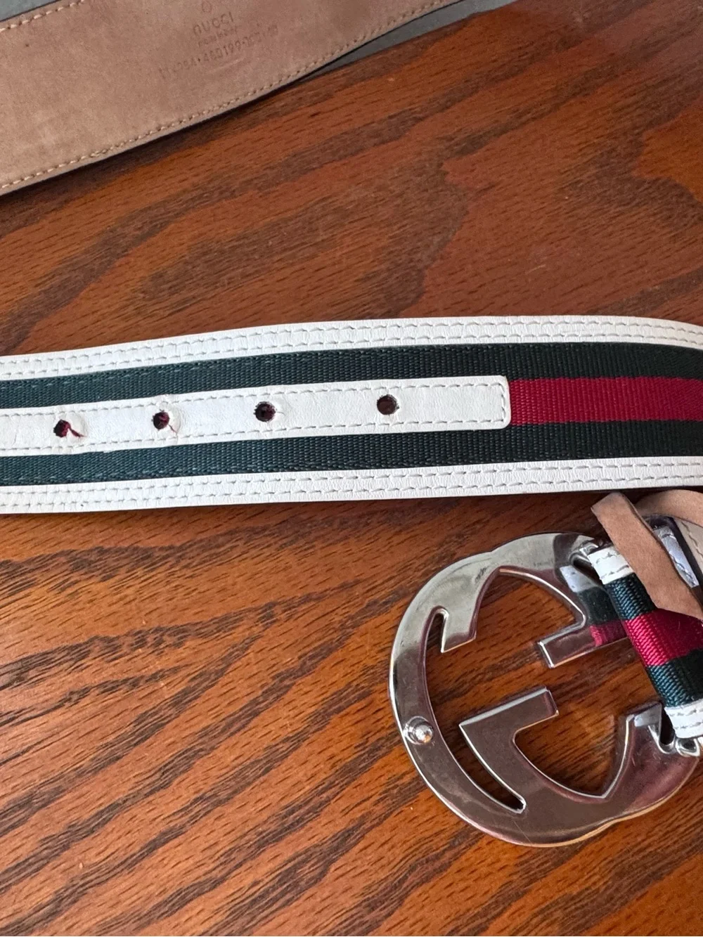Vintage men’s Interlock Gucci GG Leather Belt Web Green Red White US men’s 36